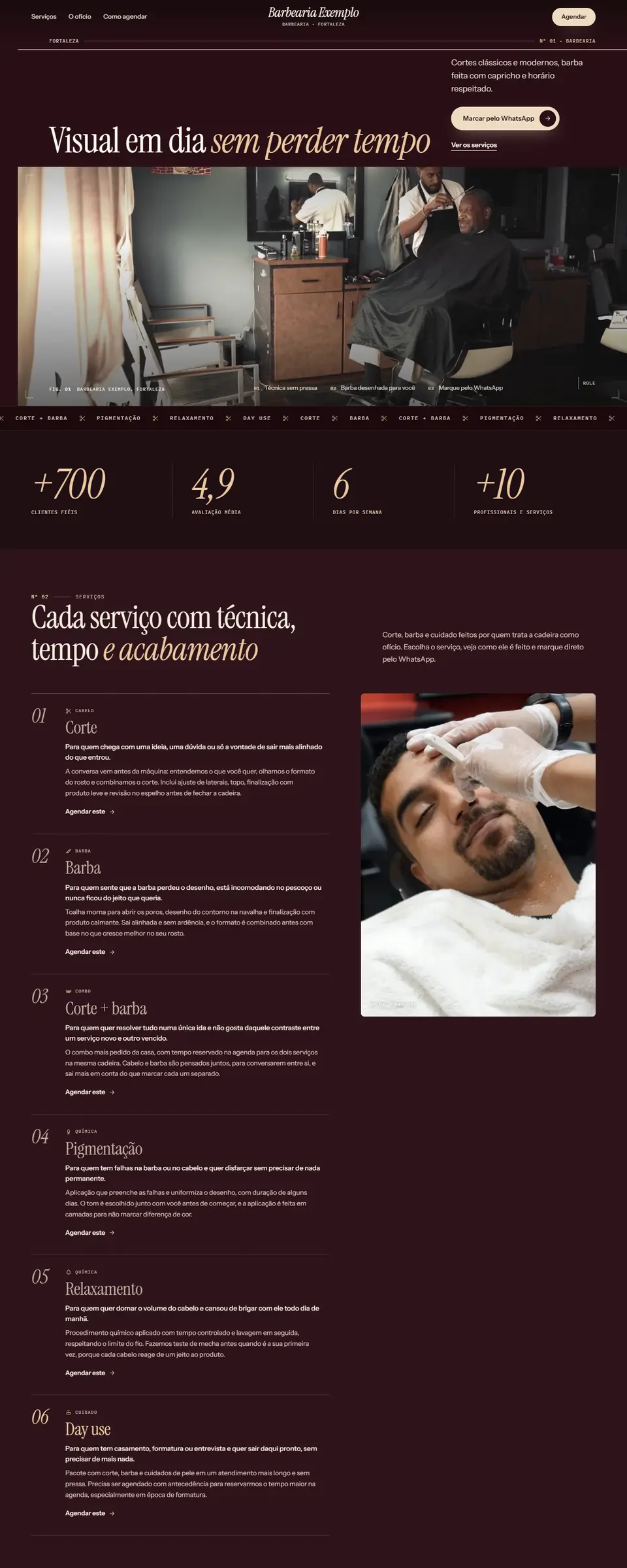 Página inicial do modelo de Barbearia, no computador